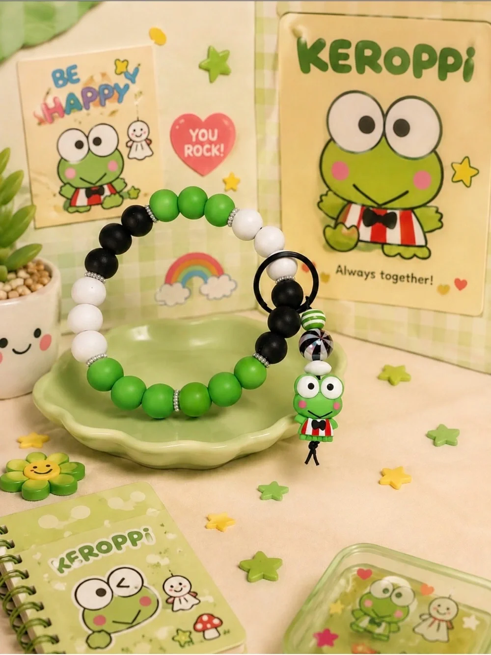 Handmade Keroppi Green Beaded Wristlet Keychain